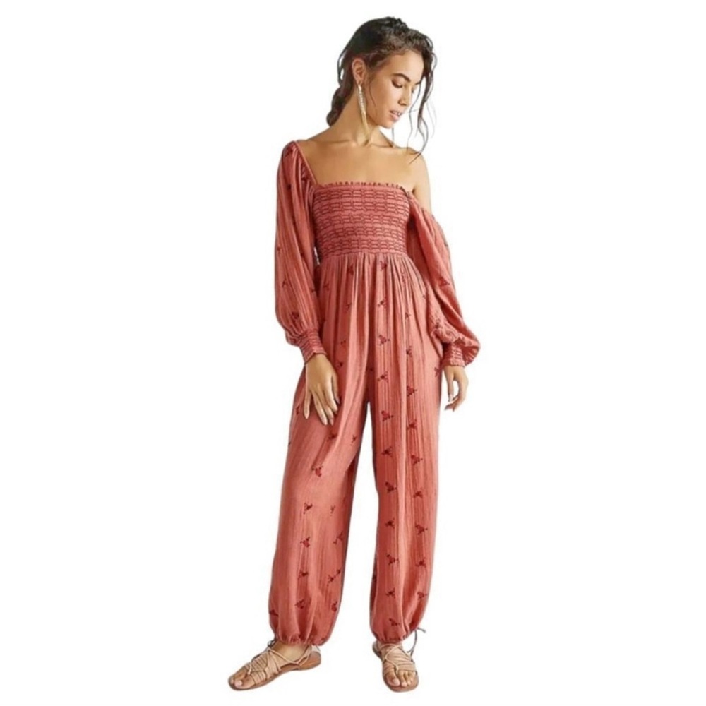 NWT Free People Dahlia Embroidered Jumpsuit Warmstone Color Romper One Piece